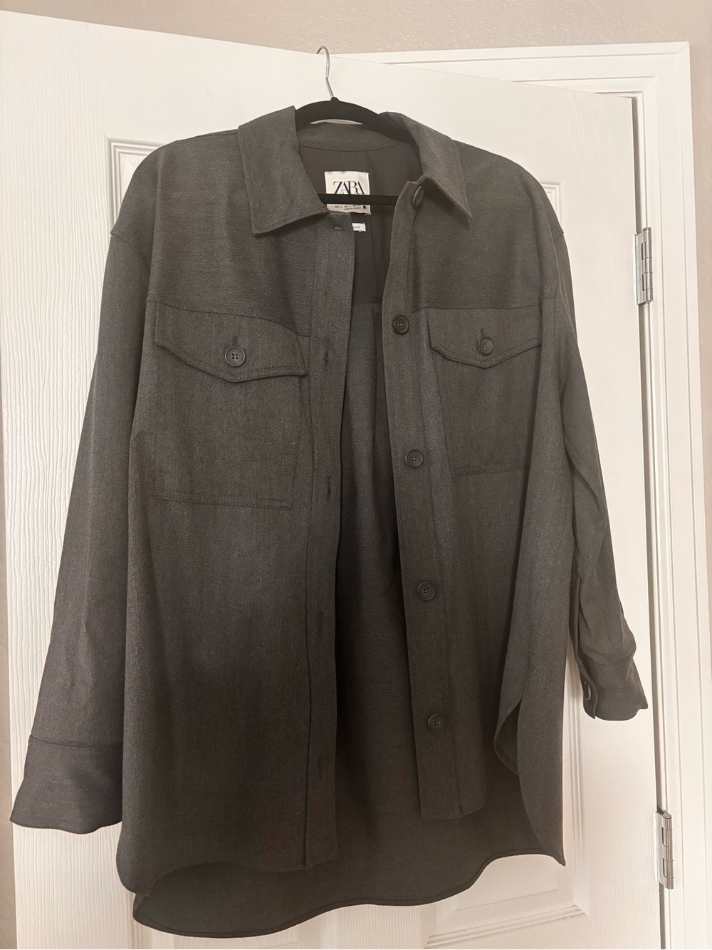 ZARA Women’s Long-Sleeve Overshirt Jacket in Dark Gray